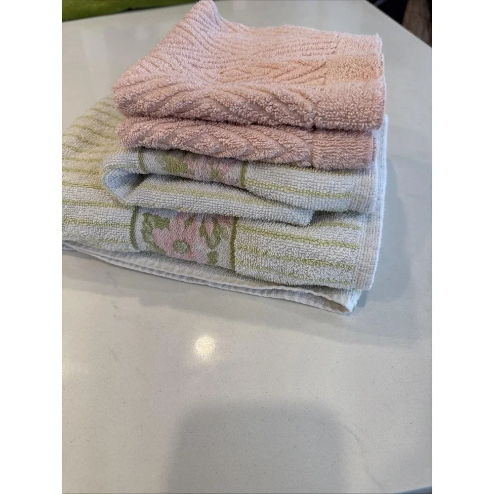 VTG Bathroom Towel Lot 4 Avocado Green Pink Floral Strip Bath‎ Hand Wash Retro